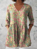 Women's Retro Floral Art Print Casual Cotton And Linen V-neck Top