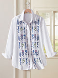 Women's Casual Floral Embroidery Print Cotton Shirt artswardrobe