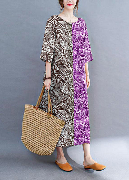Modern Color Block Loose O-neck Print Summer Side Open Dress Half Sleeve