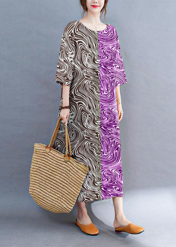 Modern Color Block Loose O-neck Print Summer Side Open Dress Half Sleeve