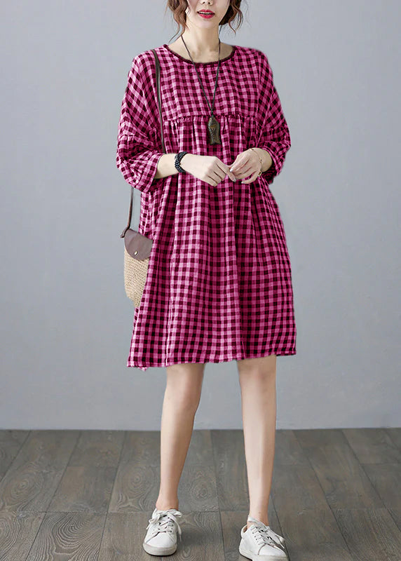 O-neck Wrinkled Pocket Purple Linen Loose Dresses Half Sleeve