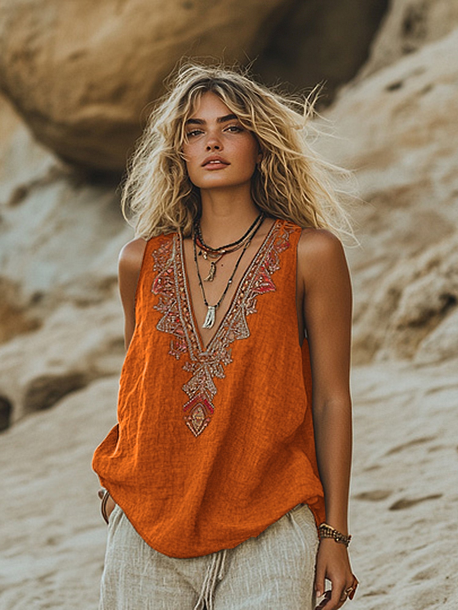 Women's Retro Bohemia Ethnic Style Linen V-neek Sleeveless Top artswardrobe