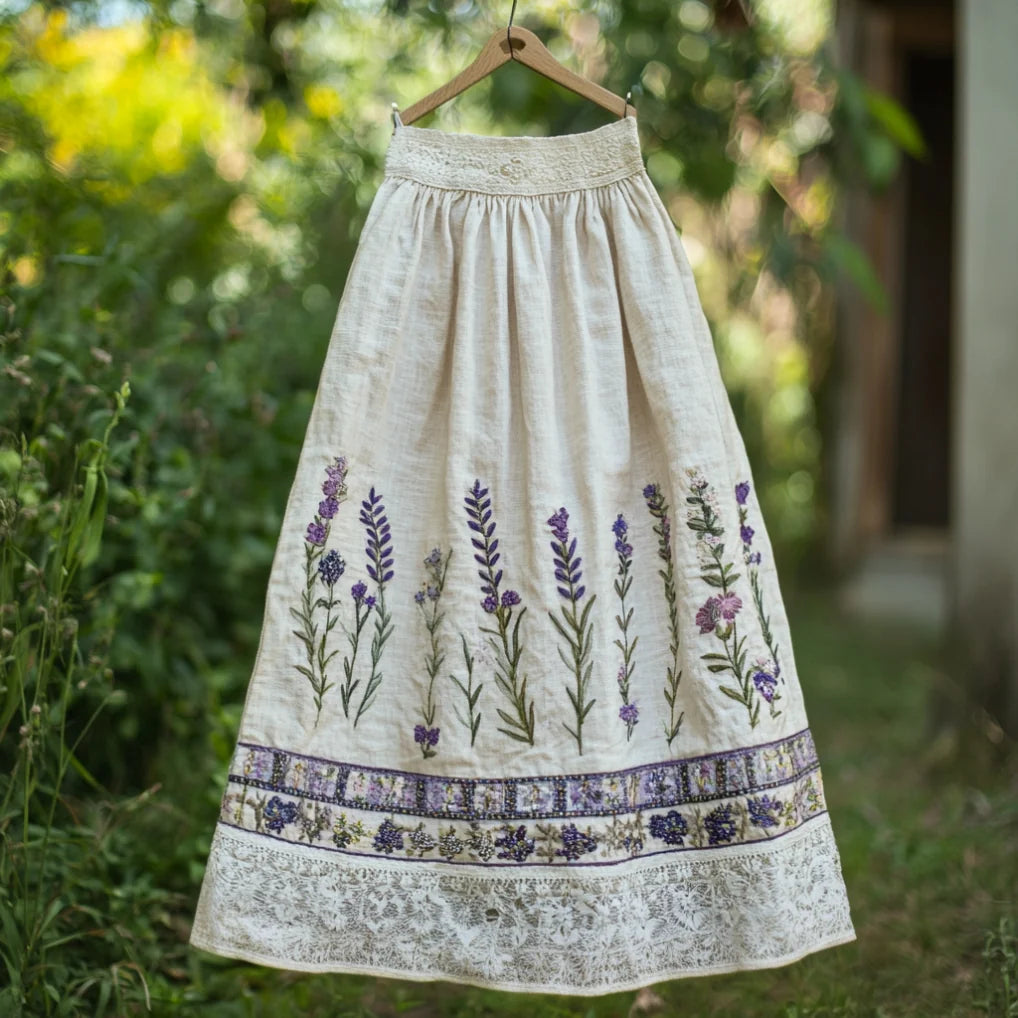 Women's Elegant Lace Flowers Embroidery Art Linen Blend Skirt artswardrobe