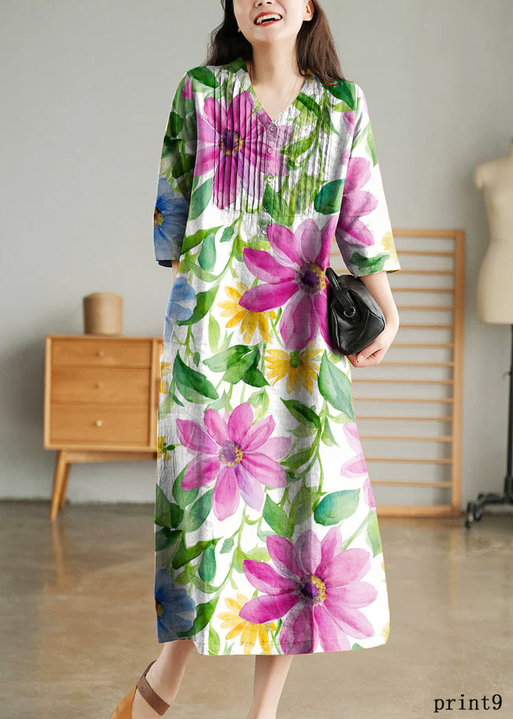 Grey Print6 Loose Linen Long Dresses Button Half Sleeve