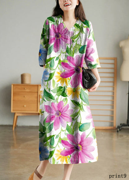 Grey Print7 Loose Linen Long Dresses Button Half Sleeve