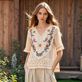 Vintage Bohemian Floral Embroidered Linen V-neck Shirt artswardrobe