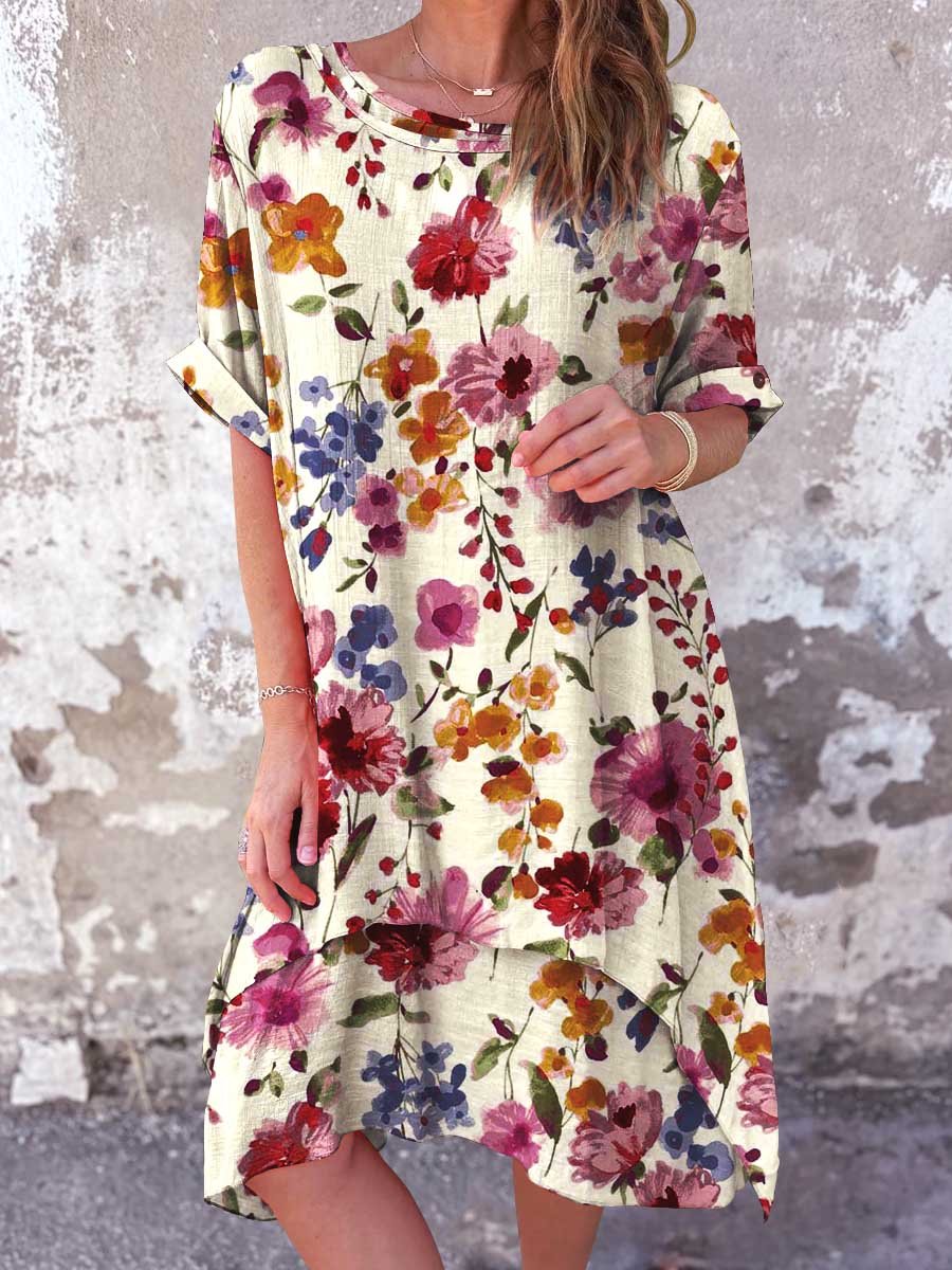 Women's Classic Floral Pattern Round Neck Cotton and Linen Dress