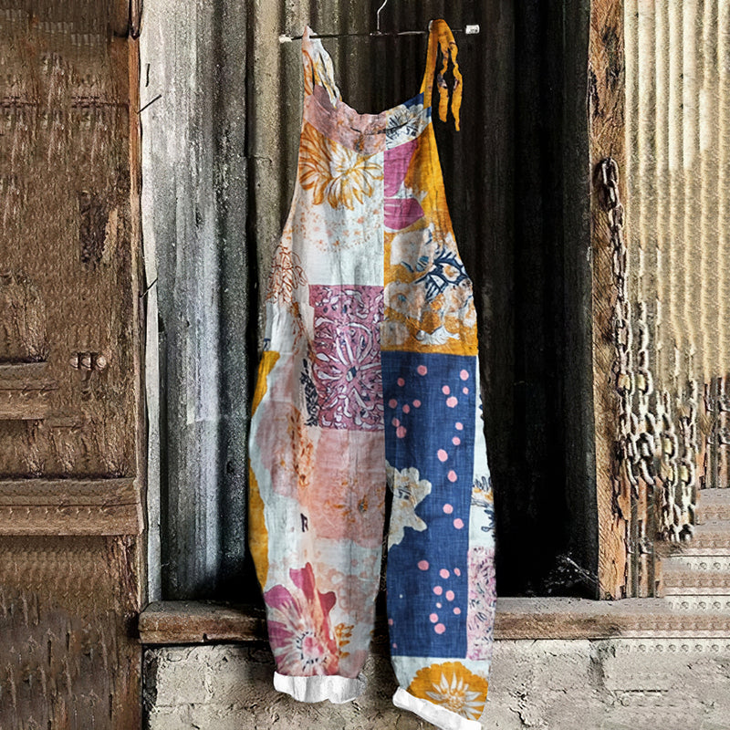 Comstylish Women's Retro Geometric Floral Art Cotton And Linen Jumpsuit