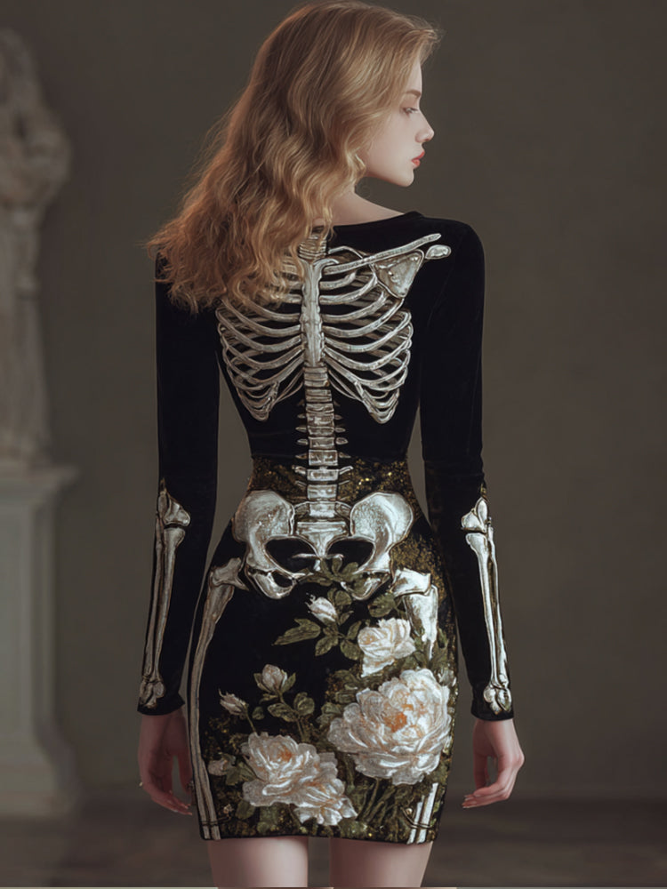 Comstylish Halloween Skeleton Art Rose Round Neck Skirt