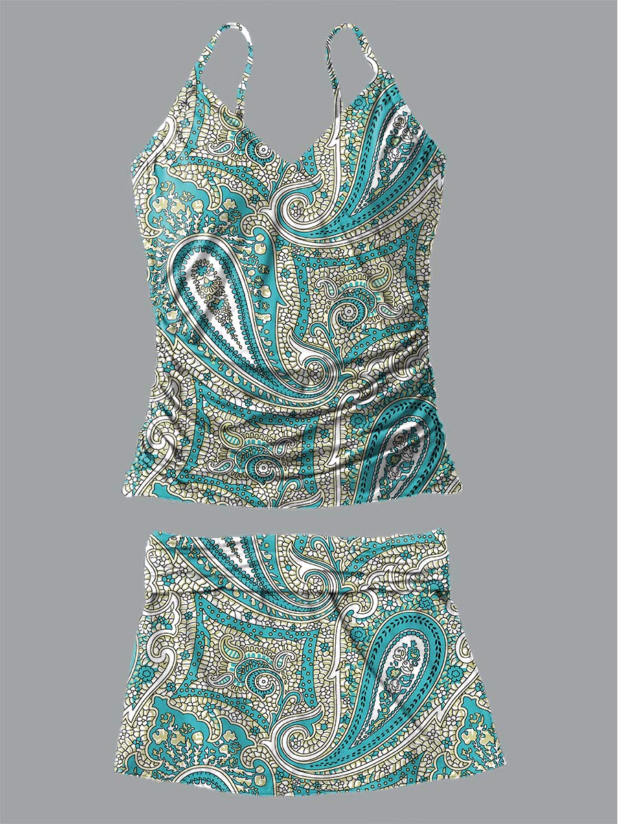 Women's V-Neck Bohemian Floral Print Suspender Skirt Tankini Pantskirt Set Swimsuit