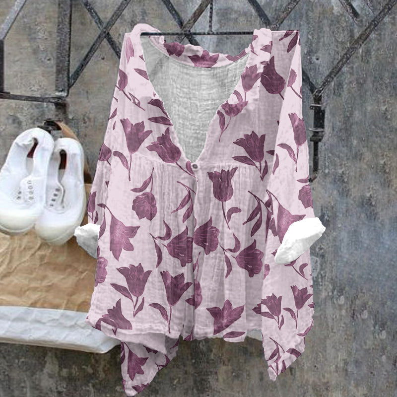Comstylish Ladies Floral Pattern Casual Cotton Linen Shirt