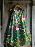 Women's Vintage Floral Art Print V-neck Pocket Cotton Dress