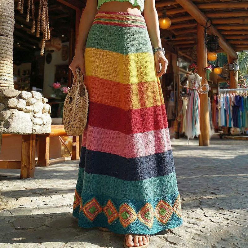 Vintage Classy Spring Vacation Color Block Rainbow Art Cozy Knitted Skirt elevenforest