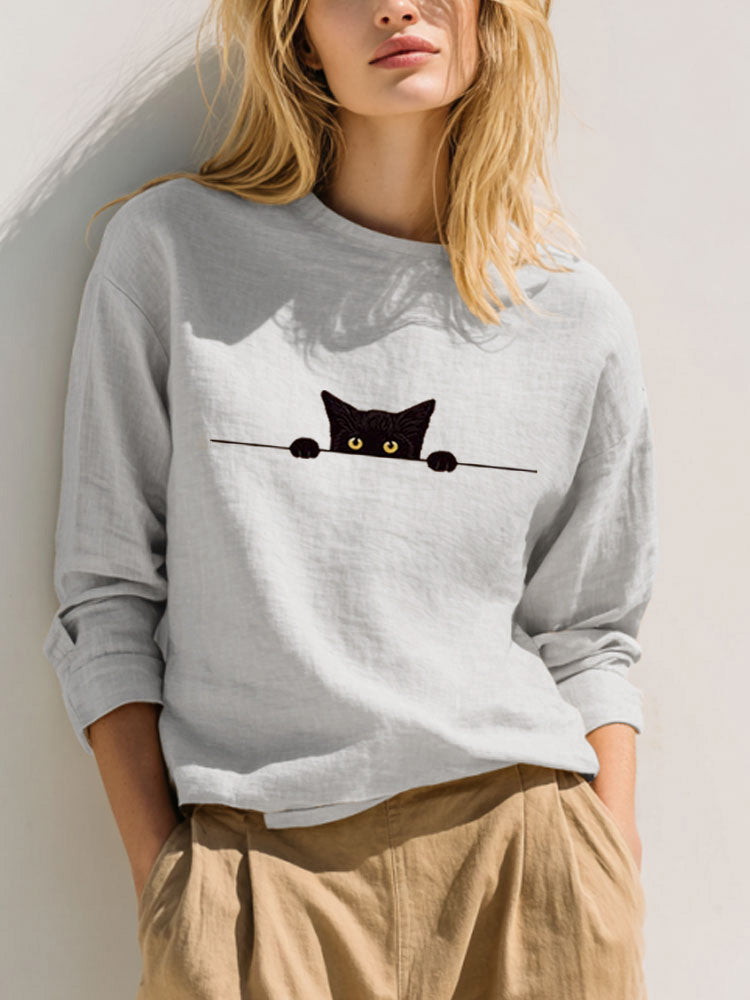 Women's Casual Funny Black Cat Print T-shirt elevenforest