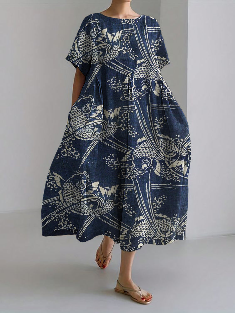 Comstylish Koi Fish Sea Waves Japanese Pattern Linen Blend Maxi Dress