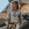 Vintage Greek Key Motif  V Neck Linen Blend T-shirt artswardrobe