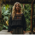 Retro Boho Tribal Art Embroidery Print Cotton And Linen Blend Loose Blouse artswardrobe