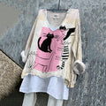 Comstylish Women's Line Cat Art Cotton And Linen Long Sleeve T-shirt