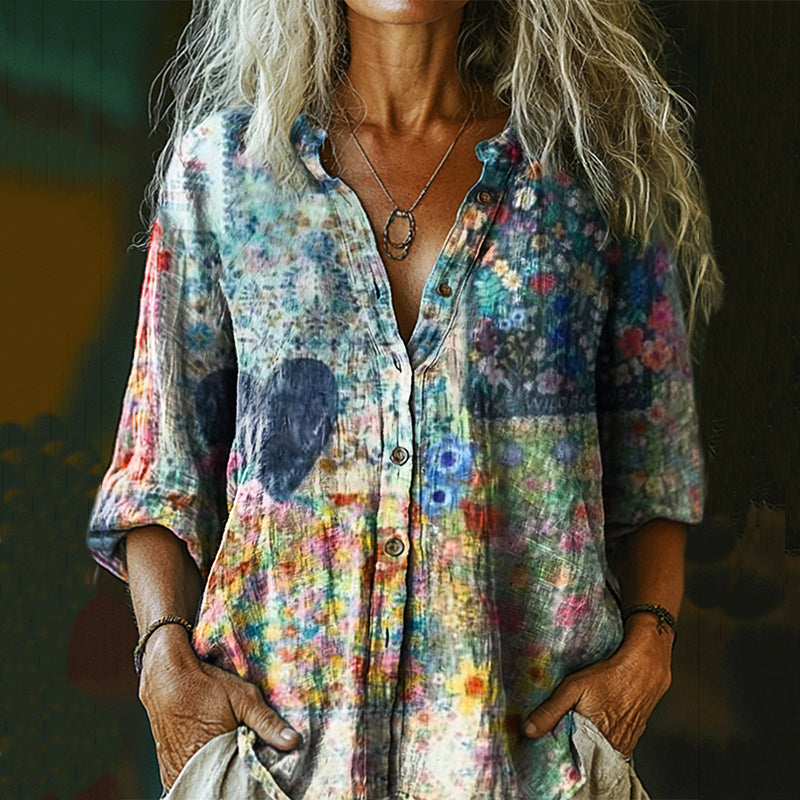 Comstylish Women's Retro Mushroom Print Casual Cotton And Linen Shirt