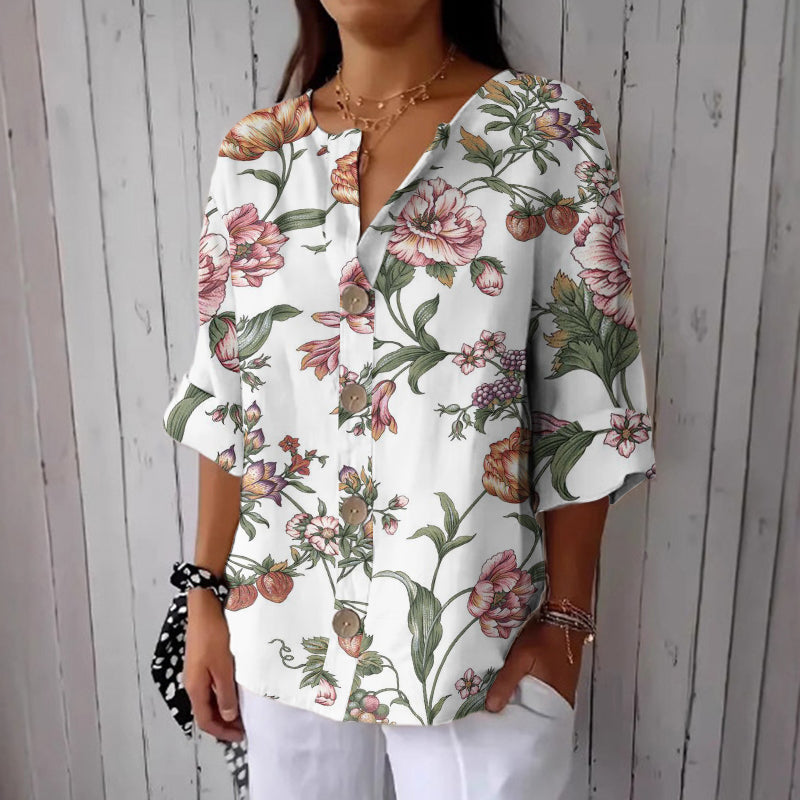 Women's Floral Print Button Linen Blend Casual Shirt artswardrobe