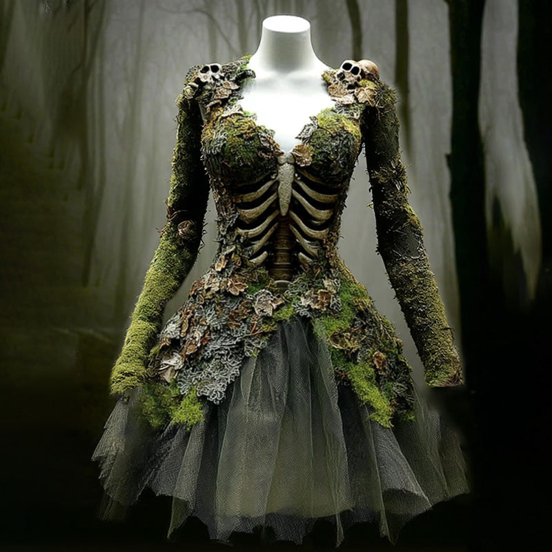 Comstylish Women's Halloween Skull Flowers Moss Witch Midi Dress