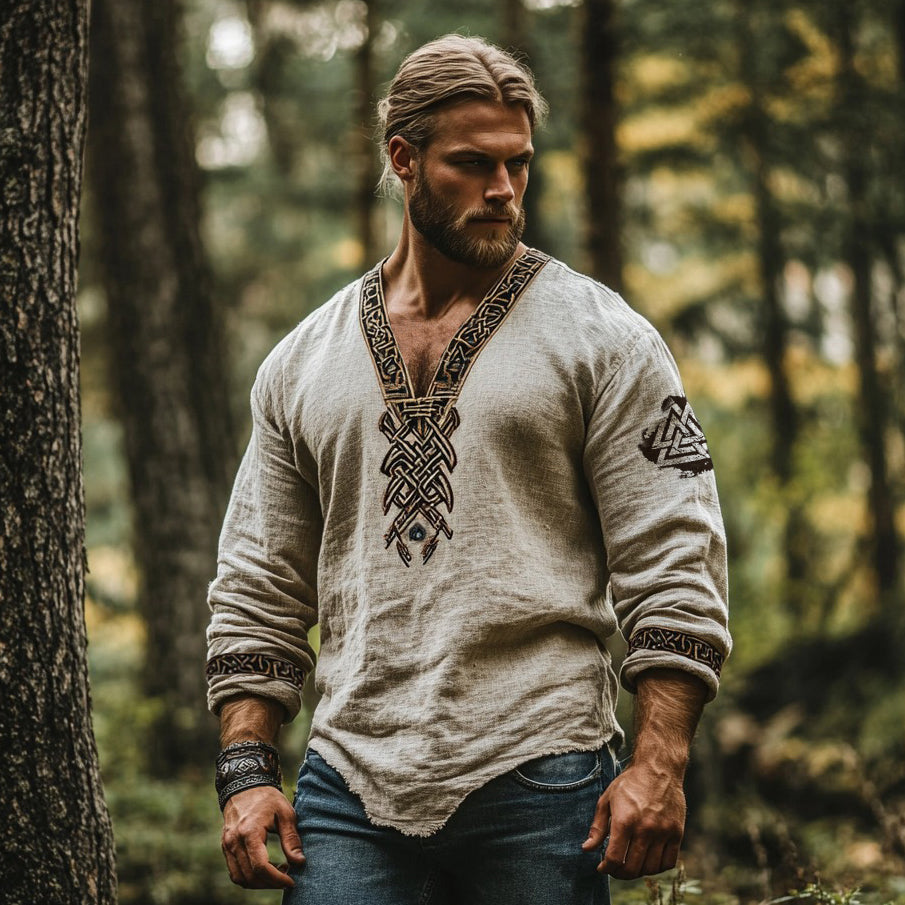Vintage Viking Runes Celtic Mythology Linen Blend Loose V-neck Shirt artswardrobe