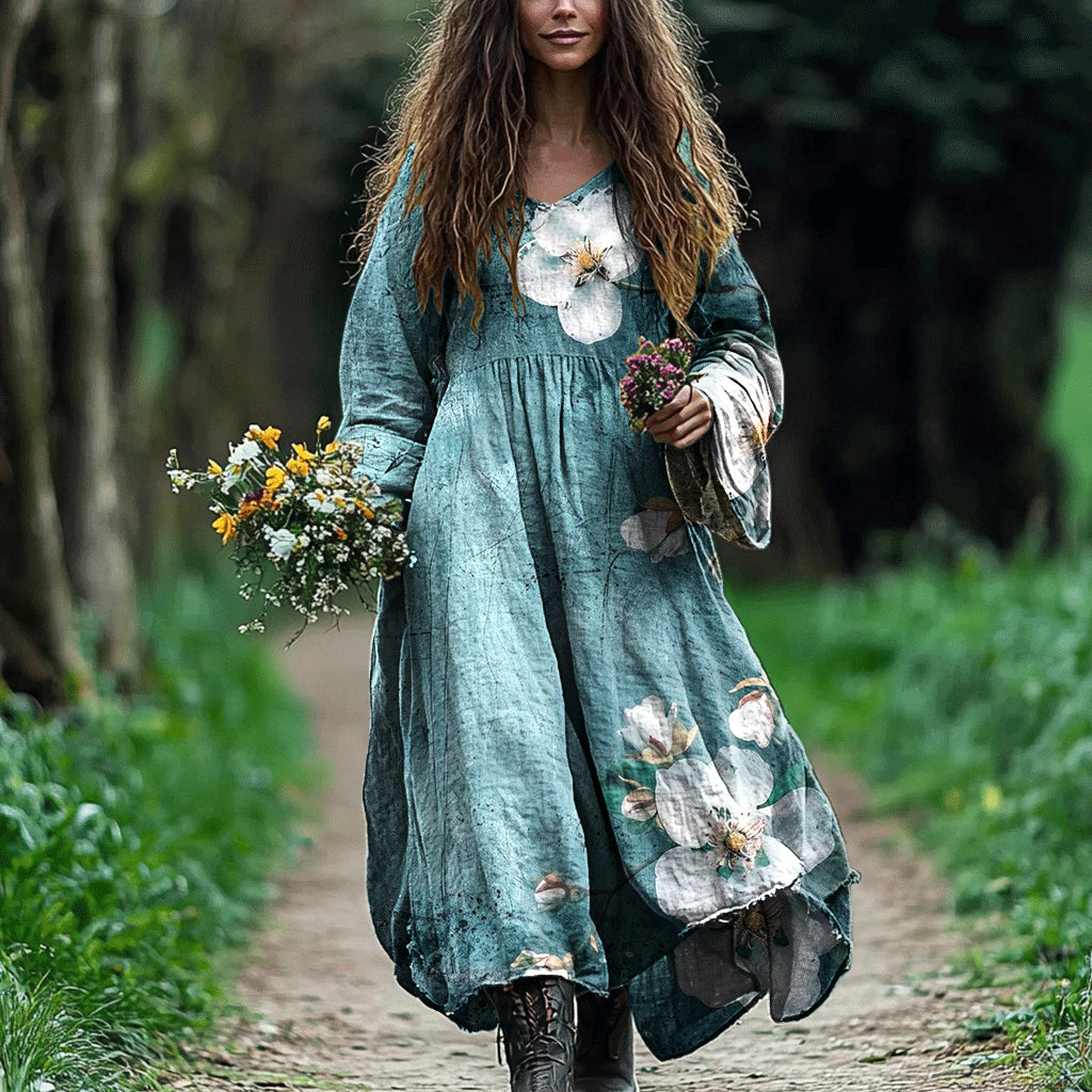 Comstylish Women's Vintage Bohemian Floral Patch Cotton And Linen Dress