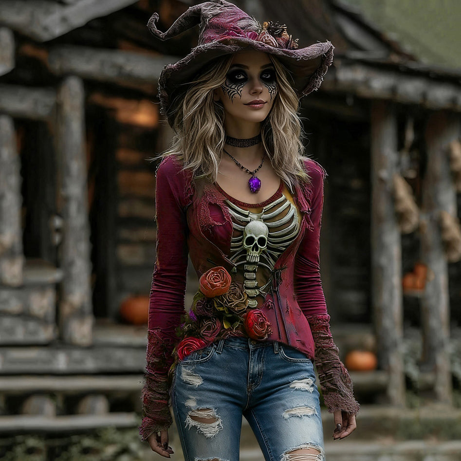 Comstylish Women's Halloween Rose Skull Witch Cosplay V-neck T-shirt