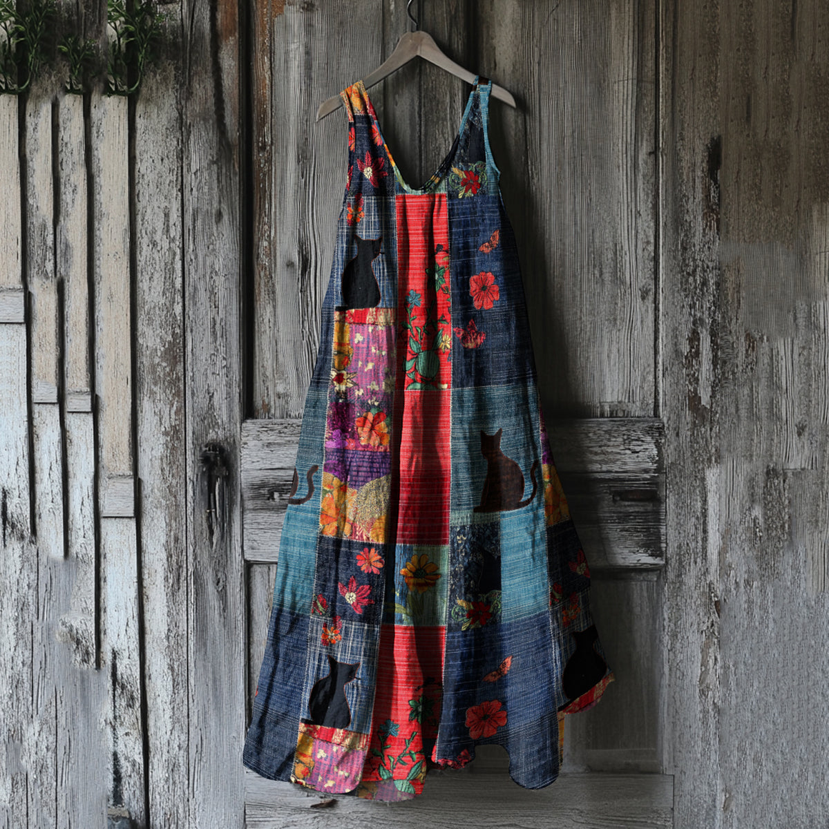 Women's Vintage Cat Floral Patchwork Art Linen Tank Dress artswardrobe