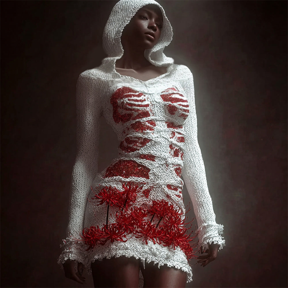 Comstylish Halloween Bandage & Higanbana Flowers Art Women's Knit Hooded Mini Dress