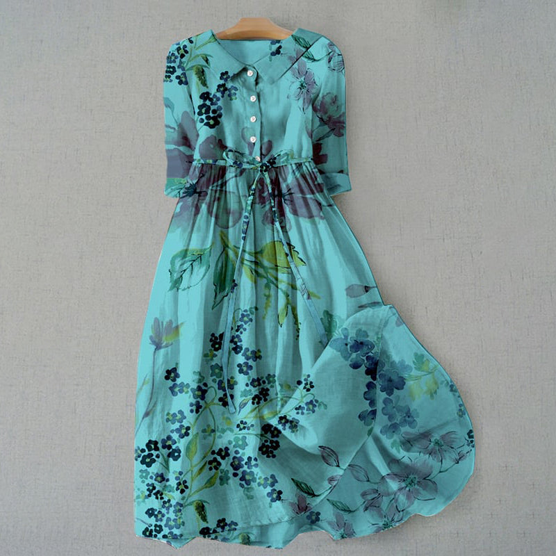 Comstylish Elegant Japanese Art Floral Print Lace-up Casual Midi Dress