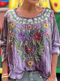 Women's Vintage Ethnic Floral Art Print Casual Long Sleeve T-shirt