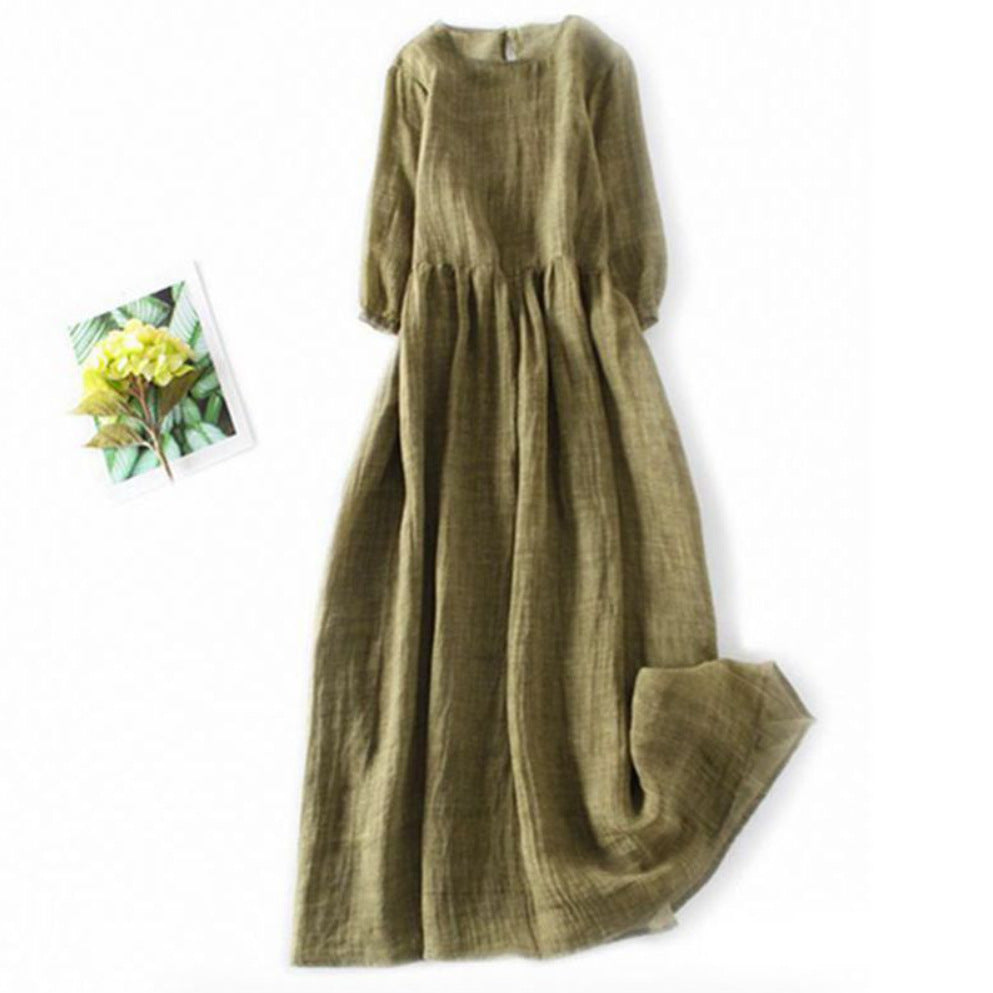 Comstylish Vintage Solid Cotton Linen Pleat Maxi Dress