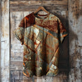 Women's Vintage Rust Art Print Round Neck Linen Blend Casual T-shirt artswardrobe
