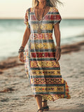 Women's Vintage Bohemian Pattern Art Print Pocket Cotton Dress