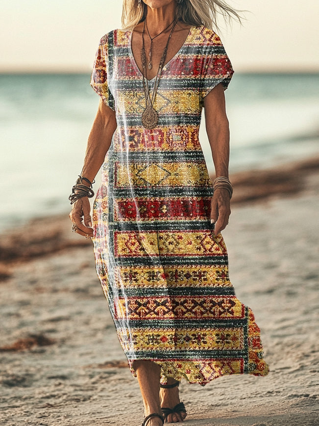 Women's Vintage Bohemian Pattern Art Print Pocket Cotton Dress
