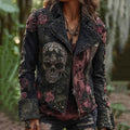 Comstylish Rose Skull Embroidered Patchwork Gothic Rock Lapel Denim Jacket