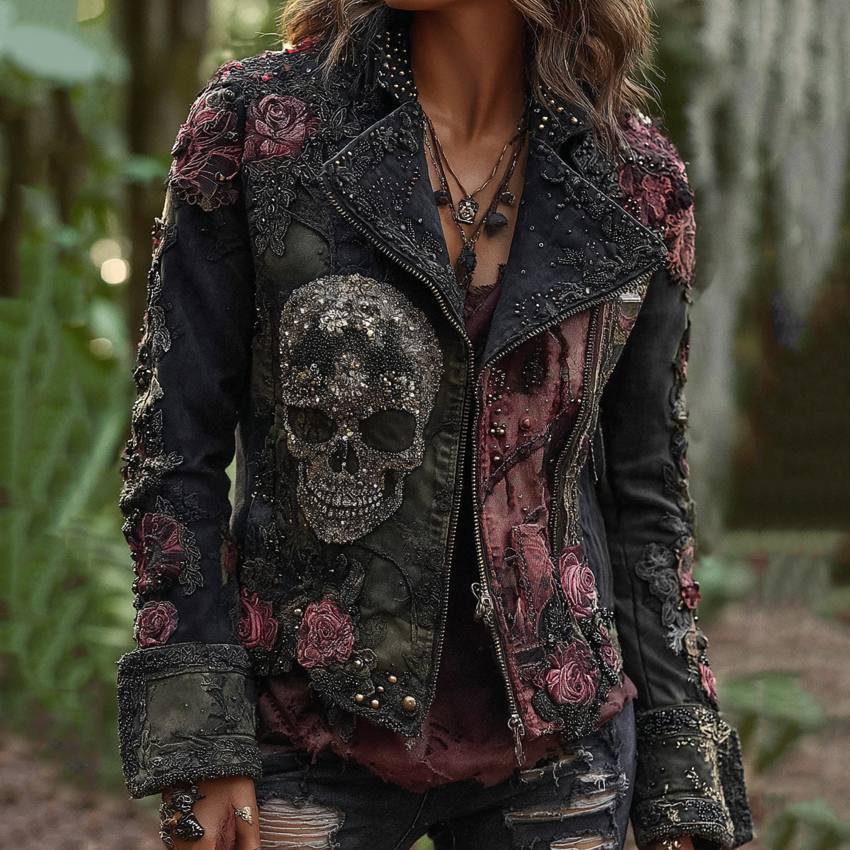 Comstylish Rose Skull Embroidered Patchwork Gothic Rock Lapel Denim Jacket