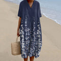 Comstylish Vintage Floral Art Casual V Neck Midi Dress