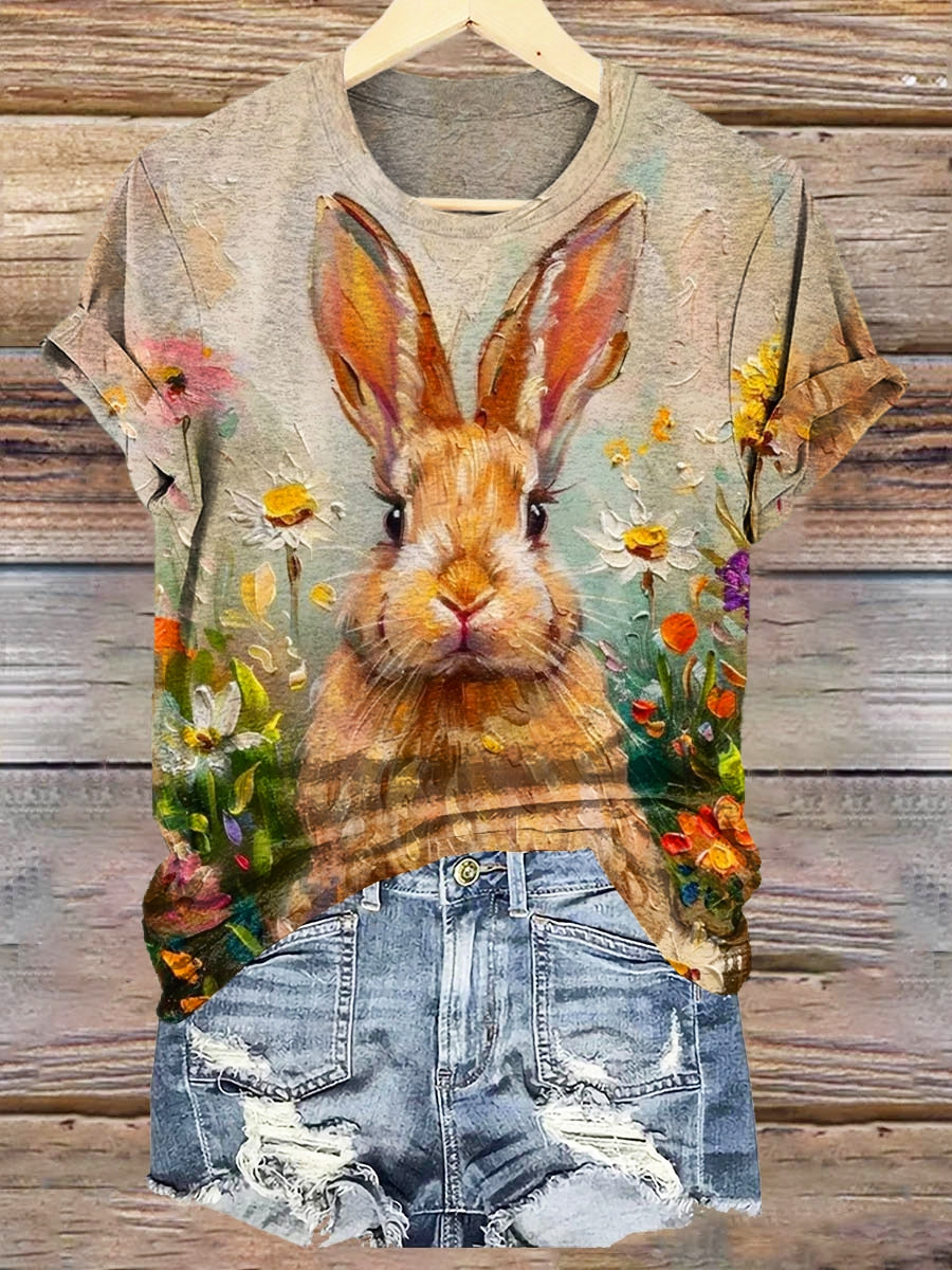 Women's Easter Vintage Oil Painting Bunny Print Crew Neck T-shirt
