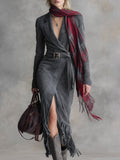 Fashionable Lapel Gray Faux Suede Fringed Hem Maxi Dress