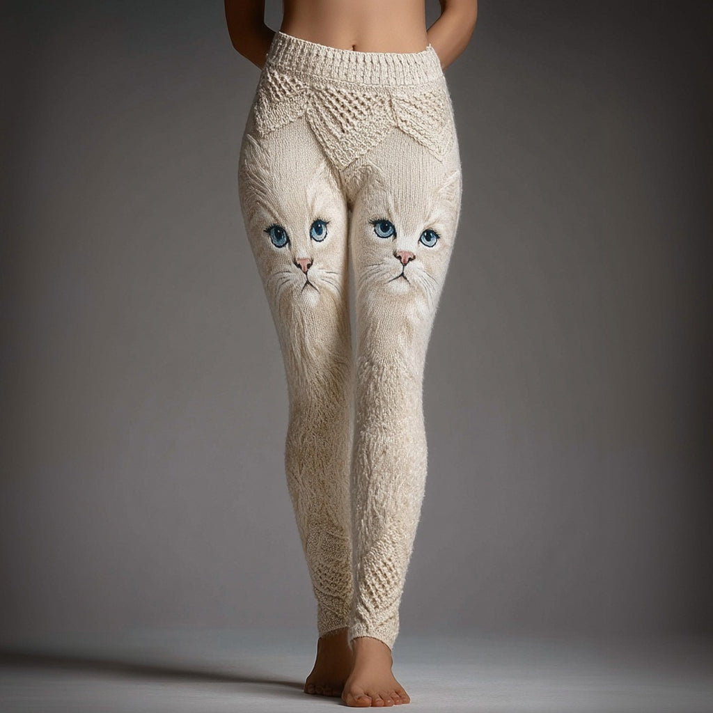 Comstylish Cute Cat Face Embroidered Cozy Knit Leggings