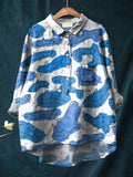Vintage Lovely Sharks Art Print Casual Cotton And Linen Shirt