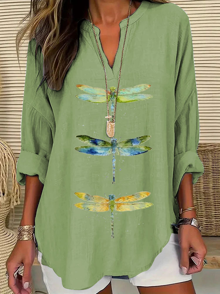 Comstylish Women's Dragonfly Print Casual Shirt