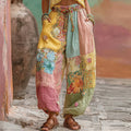 Women's Vintage Bohemian Floral Embroidery Patchwork Art Linen Blend Pants artswardrobe