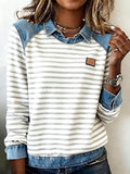 Women'S Casual Lapel Denim Patchwork Striped Print Pullover Sweatshirt 