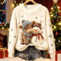 Comstylish Cute Highland Cow And Snowman Art Plush Pattern Christmas Sweater