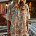Comstylish Star And Moon Embroidered Bright Contrast Short-sleeved V-neck Shirt
