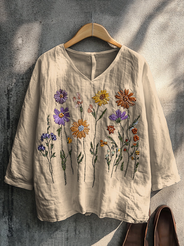 Comstylish Boho Floral Embroidery Print Cotton And Linen Blend Loose Blouse