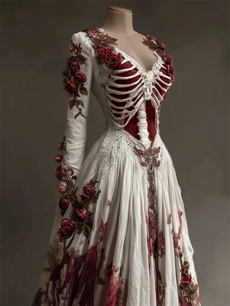 Comstylish Halloween Bloody Roses Rib Cage Anatomy Bandages Linen Maxi Dress